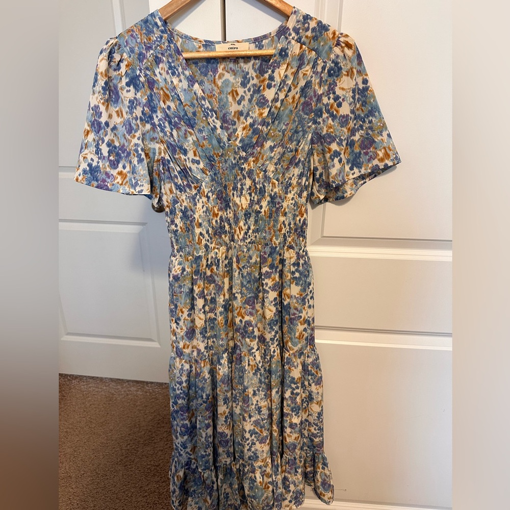 Entro Blue and Orange Floral Midi Dress